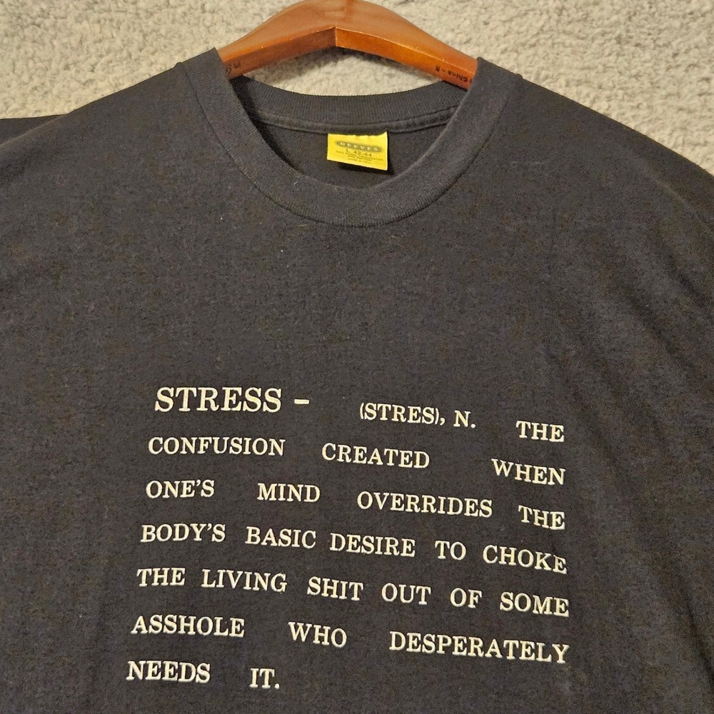 Vintage Reeves Stress Definition Graphic T-Shirt Black Mens Large Single Stitch